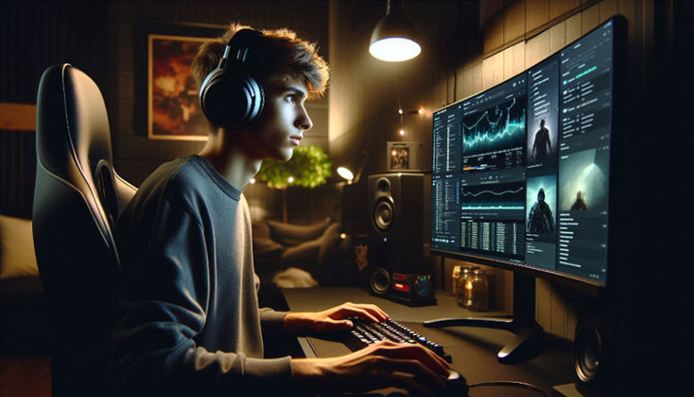 A young gamer wearing headphones sits at a desk, analyzing data on a computer screen while a Spotify playlist plays in the background, symbolizing a strategic approach to buying streams.